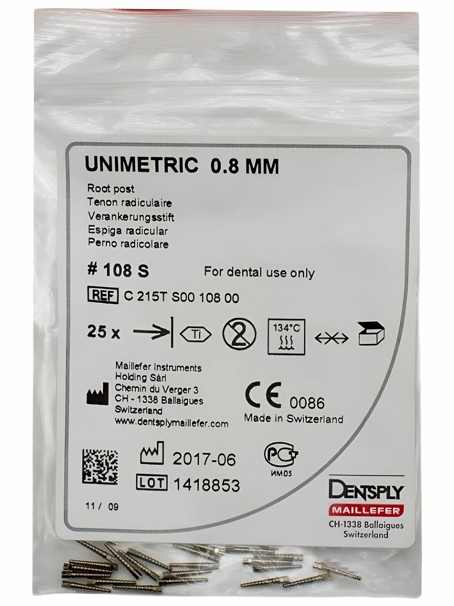 Штифты титан. Unimetric 0.8мм 108-S 25шт   DENTSPLY Maillefer
