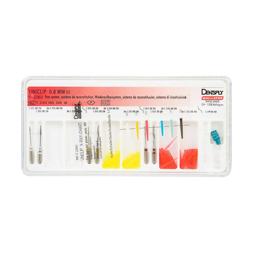 Штифты беззольные в наборе Uniclip 0,8мм 120 штифтов + 6 дрилей + 1 ключ Maillefer Dentsply